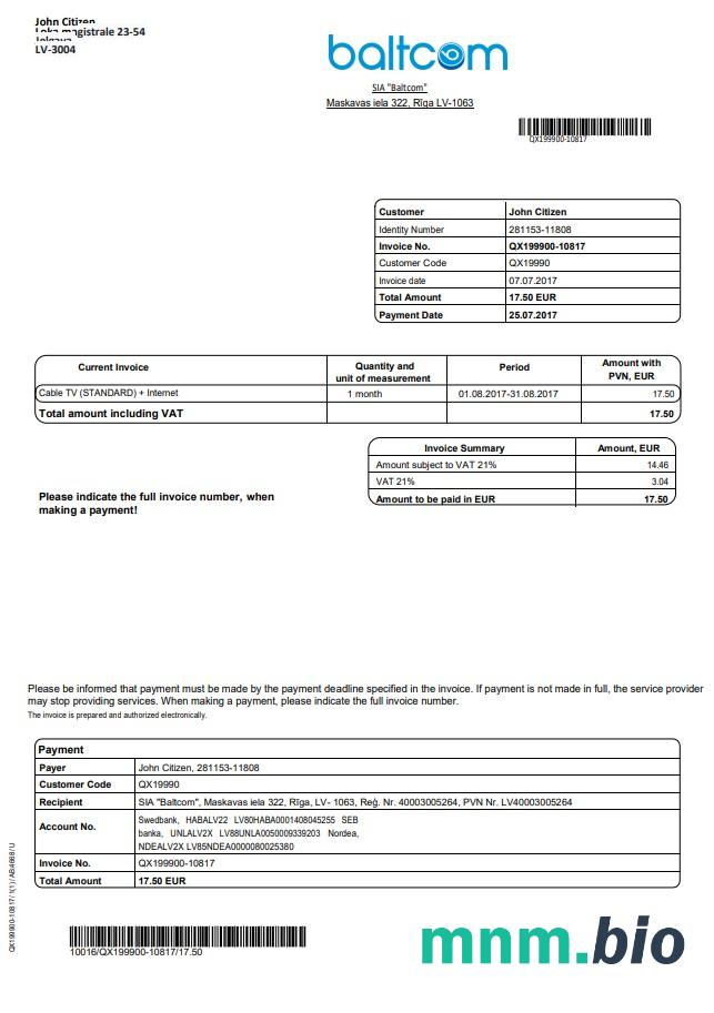 Łotwa Baltcom Telekomunikacja rachunek za media szablon w formacie Word i PDF (Wersja angielska)